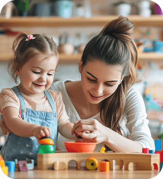 Teacher guiding a child through a playful learning activity