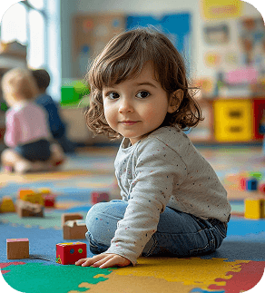 Young child sitting and playing in a colorful classroom