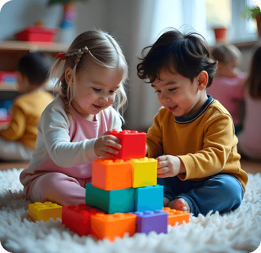 Two young children building with colorful blocks together