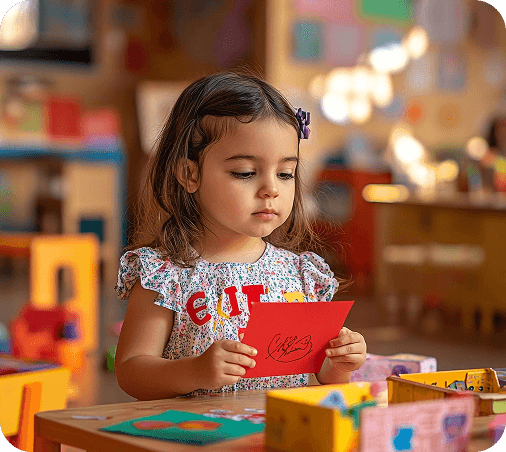 A child focused on a classroom activity while holding a red card